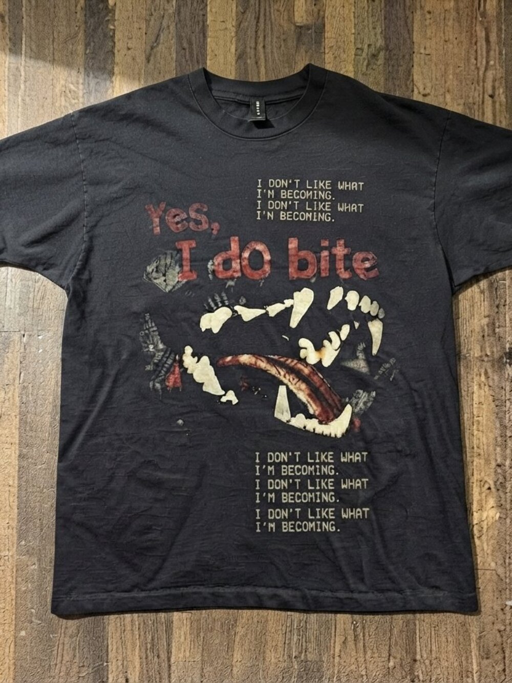 Grunge Wolf Fangs Graphic Black Tee - Reprinted